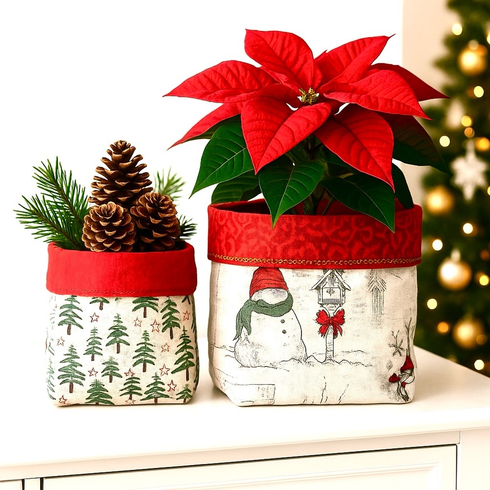 2-Pack Reversible Cotton Fabric Christmas Plant Pot Covers | Holiday Home Decor